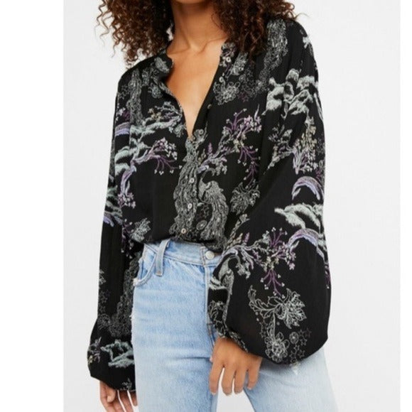 FREE PEOPLE Metallic Bloom Button Down Top Size XS