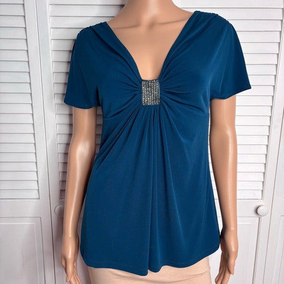 NEW EXPRESS Dark Teal V-Neck Short Sleeve Blouse Size Medium
