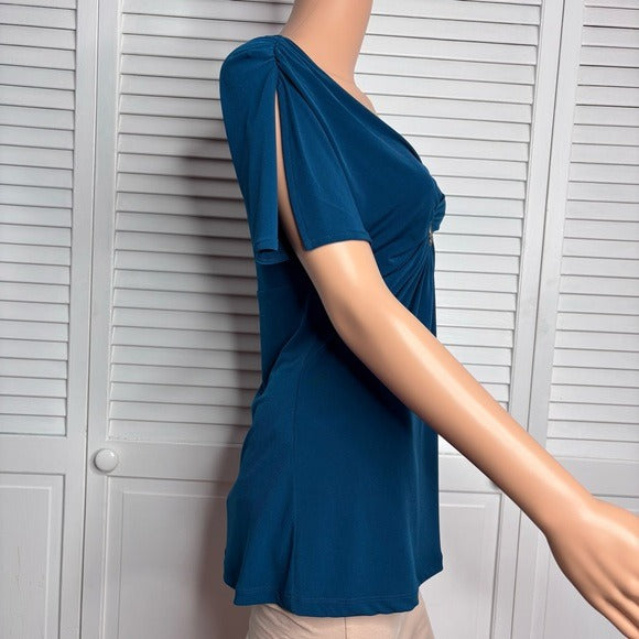 NEW EXPRESS Dark Teal V-Neck Short Sleeve Blouse Size Medium