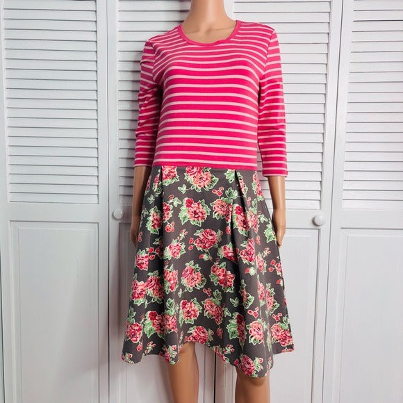 MATILDA Jane Vault Dress Pink Striped Floral Skirt Dress Size Medium