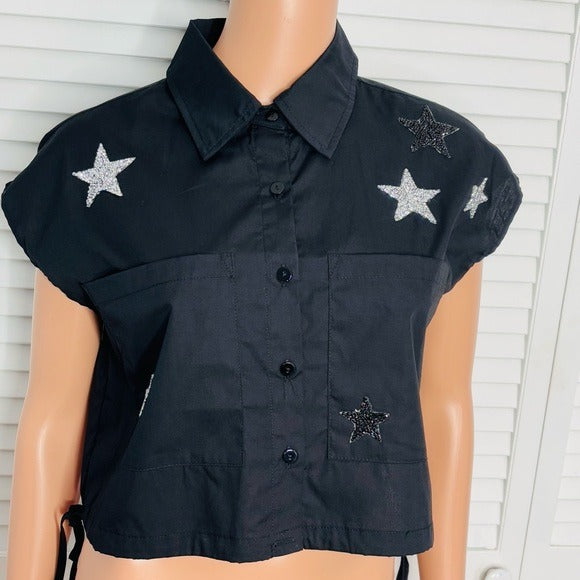 BLUE B. COLLECTION Black Star Embroidered Cap Sleeve Blouse Size Small