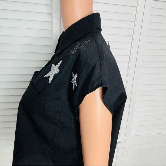 BLUE B. COLLECTION Black Star Embroidered Cap Sleeve Blouse Size Small