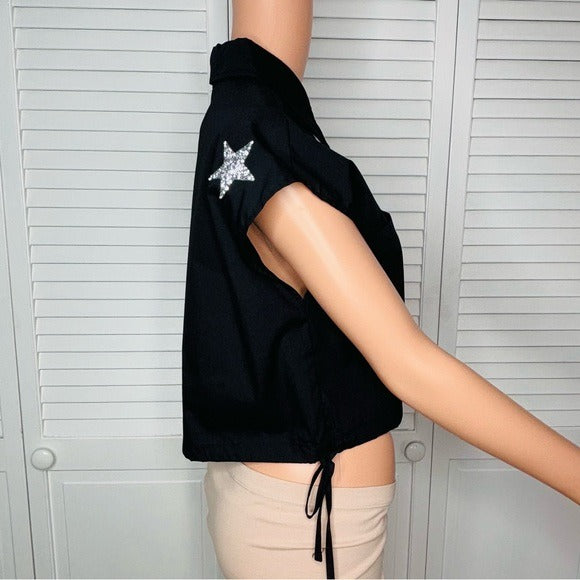 BLUE B. COLLECTION Black Star Embroidered Cap Sleeve Blouse Size Small