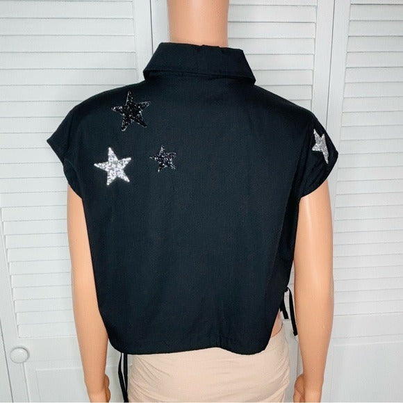 BLUE B. COLLECTION Black Star Embroidered Cap Sleeve Blouse Size Small