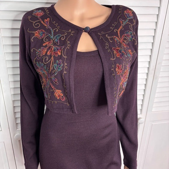 CL Carole Little Embroidered Long Sleeve Knit Dress Size Small