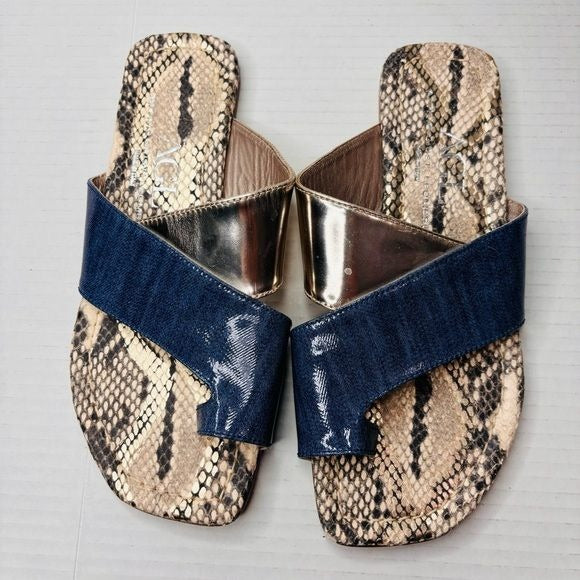 ATTILO GIUSITI LEOMBRUNI AGL Multicolor Patent Leather Asymmetrical Toe Loop Slide Sandals Size 8