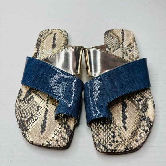 ATTILO GIUSITI LEOMBRUNI AGL Multicolor Patent Leather Asymmetrical Toe Loop Slide Sandals Size 8