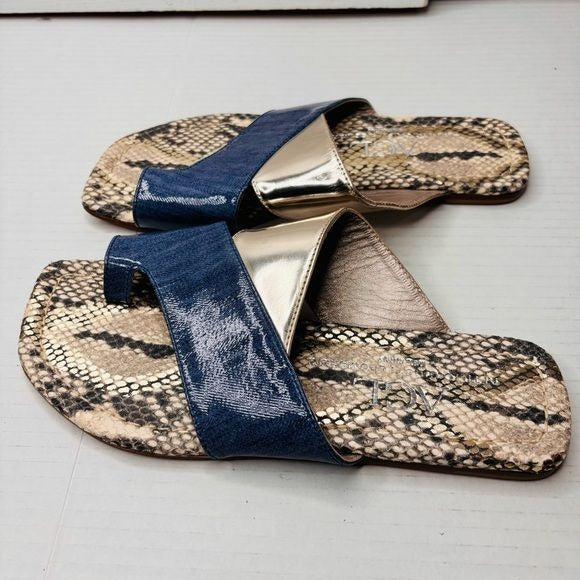 ATTILO GIUSITI LEOMBRUNI AGL Multicolor Patent Leather Asymmetrical Toe Loop Slide Sandals Size 8