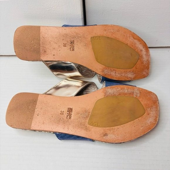 ATTILO GIUSITI LEOMBRUNI AGL Multicolor Patent Leather Asymmetrical Toe Loop Slide Sandals Size 8