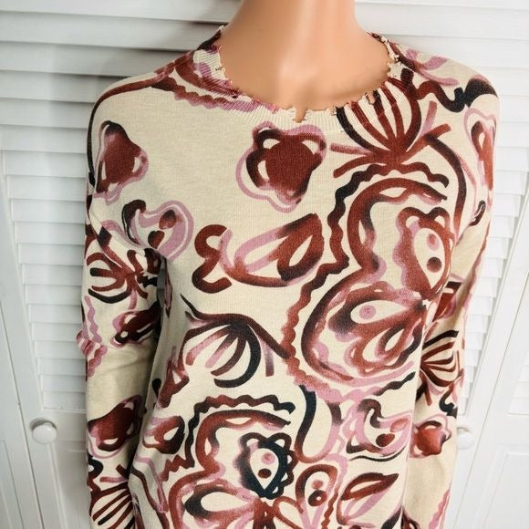 *NEW* CHARLIE B Crew Neck Abstract Print Frayed Hem Sweater Size XS