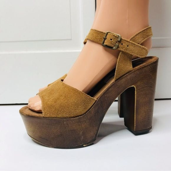 STEVE MADDEN Camel Suede Wooden Platform Heels