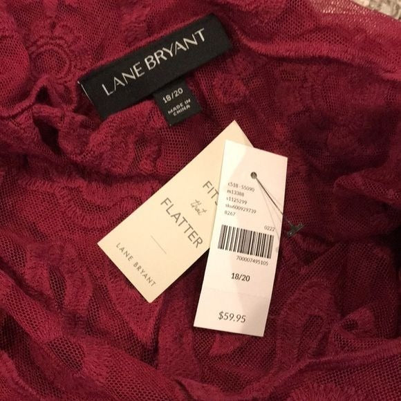 LANE BRYANT Guinevere Burgundy Lace Floral Baby Doll Sheer Blouse Size 18 *NEW*