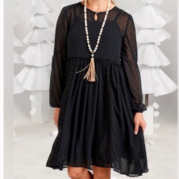 *New* MATILDA JANE Charlie Swiss Dot Black Overlay Sheer Dress Size Medium