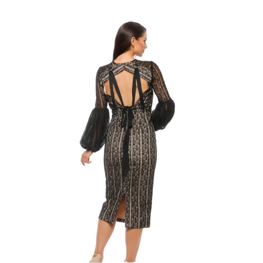 REBECCA VALLANCE Lou Lou Gather Sleeve Black Lace Midi Dress Size 8