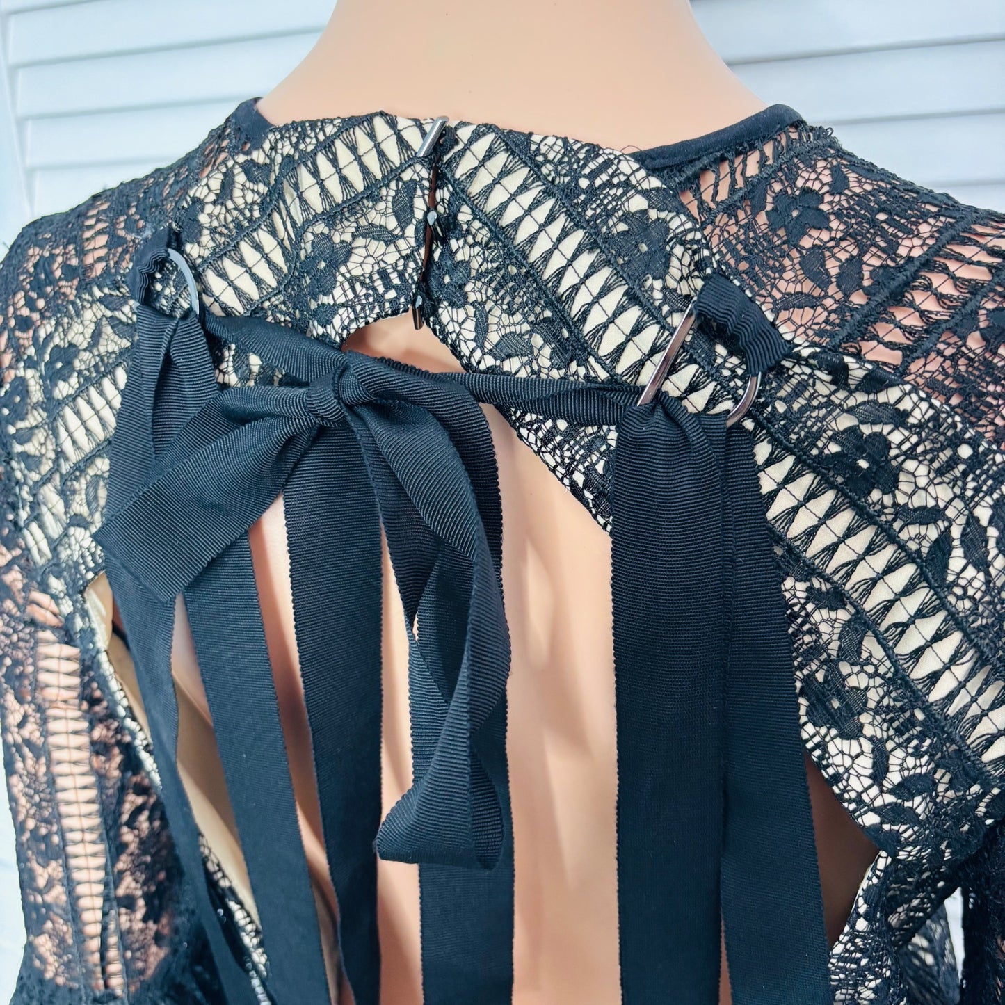 REBECCA VALLANCE Lou Lou Gather Sleeve Black Lace Midi Dress Size 8