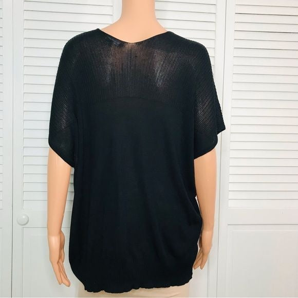 VINCE Black Ribbed Knit Short Sleeve Sweater