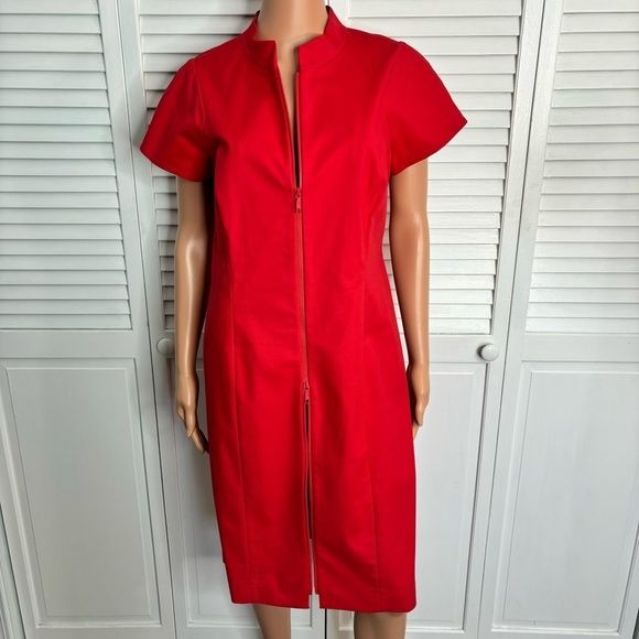 LAFAYETTE 148 Red Brenda Mandarin Collar Short Sleeve Sheath Dress Size 10