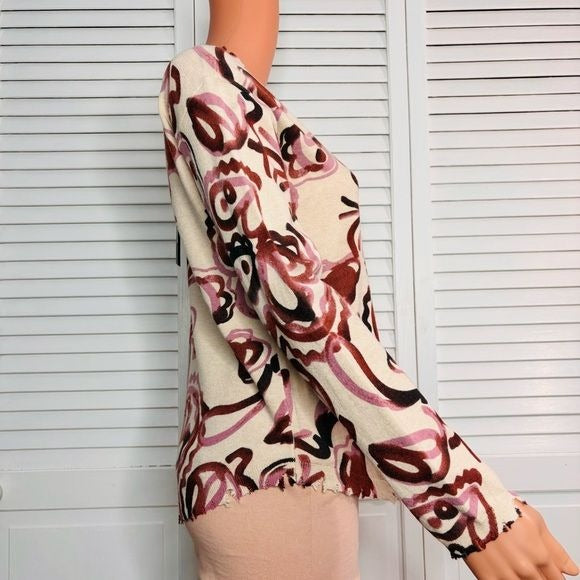 *NEW* CHARLIE B Crew Neck Abstract Print Frayed Hem Sweater Size XS