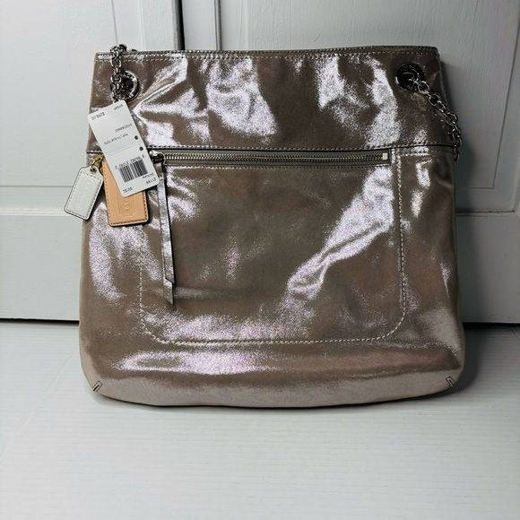 *NEW* COACH Silver Metallic Poppy Leather Slim Tote
