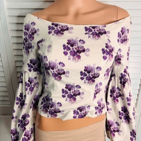 AMUR Shanae White Purple Floral Ikat Blouse Size Small