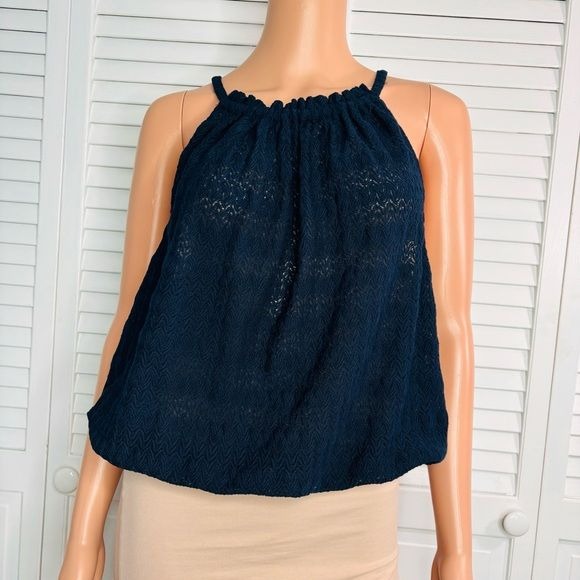 *NEW* RAMY BROOK Navy Blue Texture Noah Sleeveless Tank Top Shirt Size Large