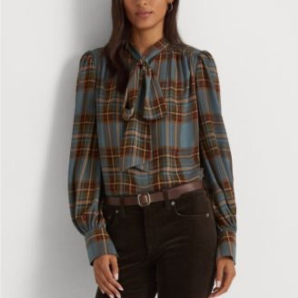 LAUREN RALPH LAUREN Plaid Tie-Neck Georgette Shirt Size Medium