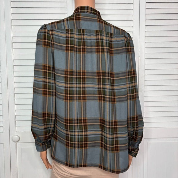 LAUREN RALPH LAUREN Plaid Tie-Neck Georgette Shirt Size Medium