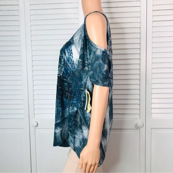 *NEW* ONE WORLD Blue Embroidered Detail Short Sleeve Cold Shoulder Shirt Size 1X
