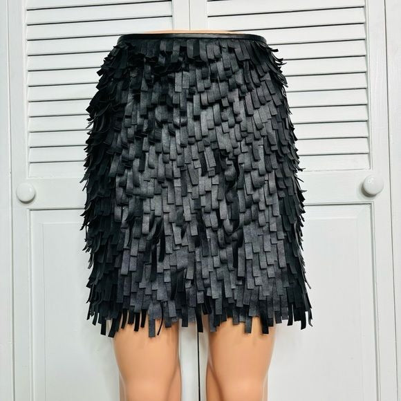 *NEW* MAX STUDIO Black Faux Leather Fringe Mini Skirt Size Small