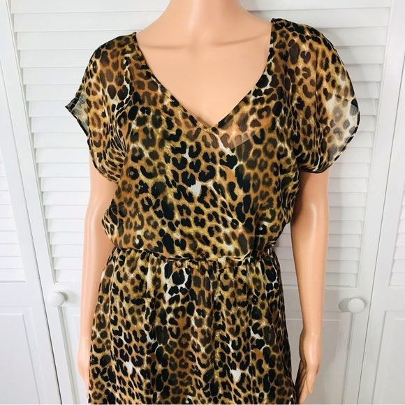 EXPRESS Brown Animal Print Short Sleeve Chiffon Dress Size M