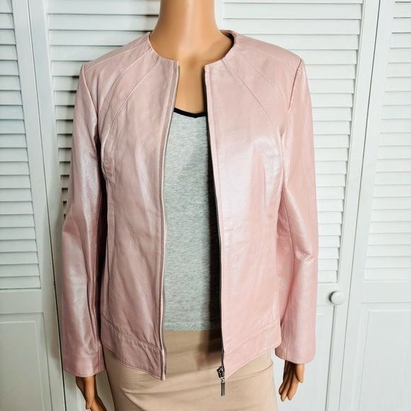 DIALOGUE Metallic Pink Leather Jacket Size Small