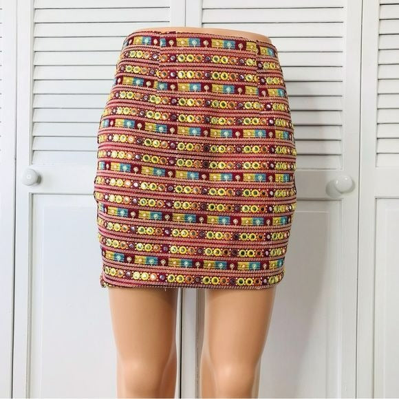 MISGUIDED Skirt Maroon Beaded Embroidered Mini Skirt Size 4 *NEW*