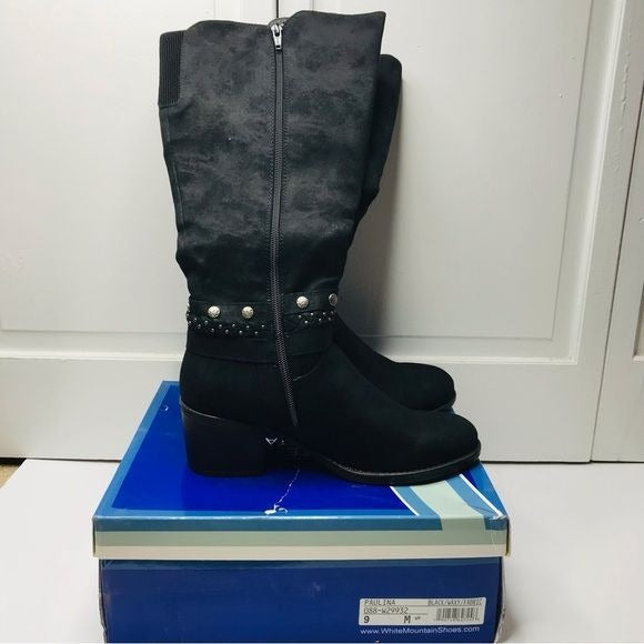 *NEW* WHITE MOUNTAIN Paulina Black Waxy Fabric Tall Boots Size 9