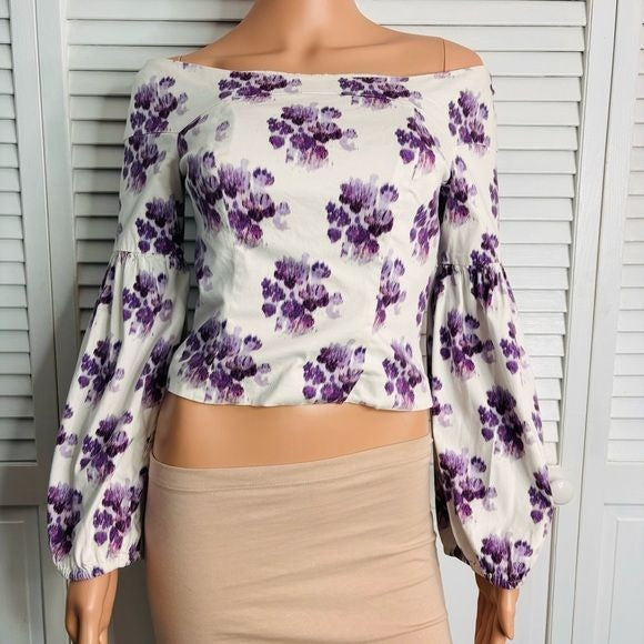 AMUR Shanae White Purple Floral Ikat Blouse Size Small