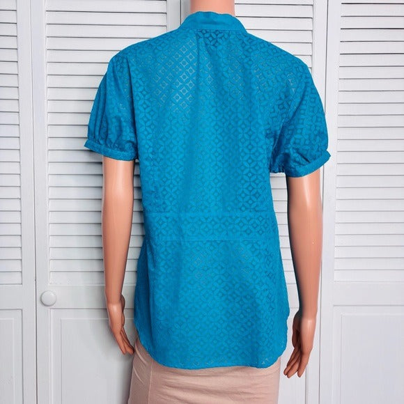 ATTENTION Semi Sheer Short Sleeve Button Down Blouse in Blue Size Large