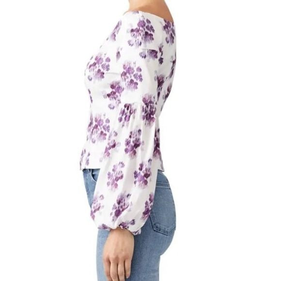 AMUR Shanae White Purple Floral Ikat Blouse Size Small