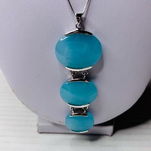 Sterling Silver Three Light Blue Chalcedony Necklace
