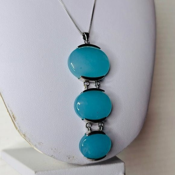 Sterling Silver Three Light Blue Chalcedony Necklace
