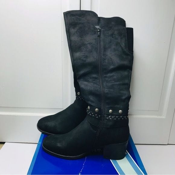 *NEW* WHITE MOUNTAIN Paulina Black Waxy Fabric Tall Boots Size 9
