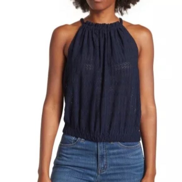 *NEW* RAMY BROOK Navy Blue Texture Noah Sleeveless Tank Top Shirt Size Large