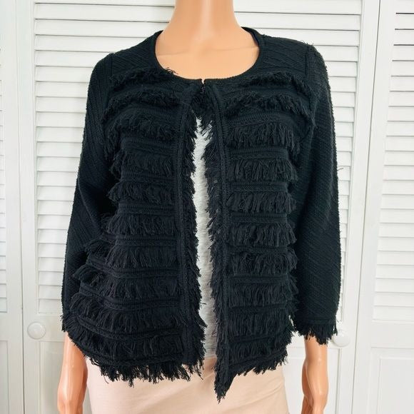 *NEW* T TAHARI Black Fringe Knit Sweater Cardigan