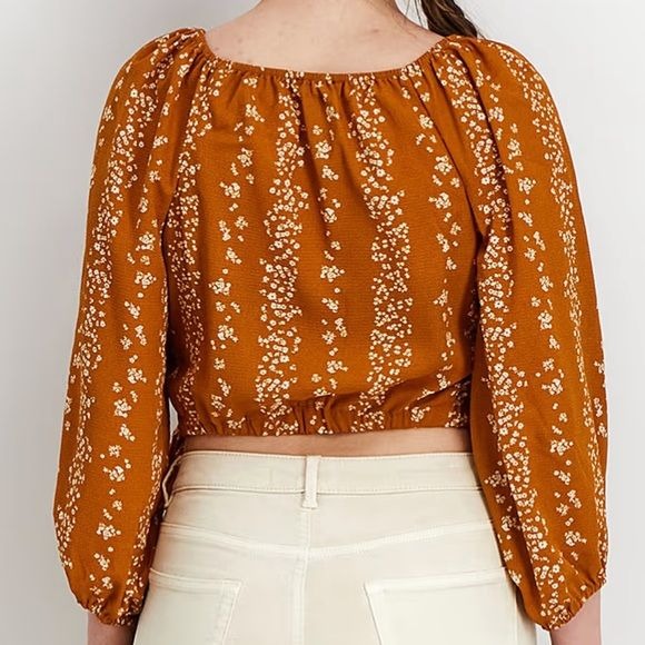 *NEW* BCBG Paris Orange V-Neck Long Sleeves Floral Print Blouse Size S