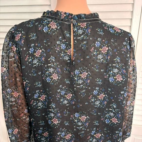 LOFT Black Floral Spring Long Sleeve High Neck Blouse Size Large
