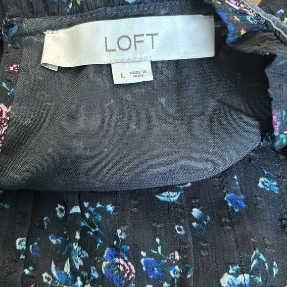 LOFT Black Floral Spring Long Sleeve High Neck Blouse Size Large