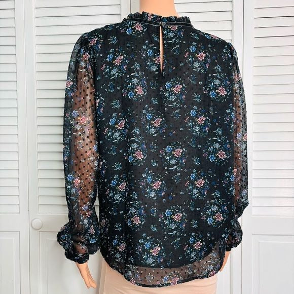 LOFT Black Floral Spring Long Sleeve High Neck Blouse Size Large