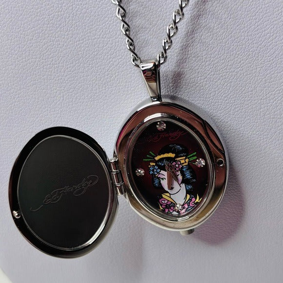 ED HARDY Geisha Silver-Tone Locket-Style Pendant Necklace
