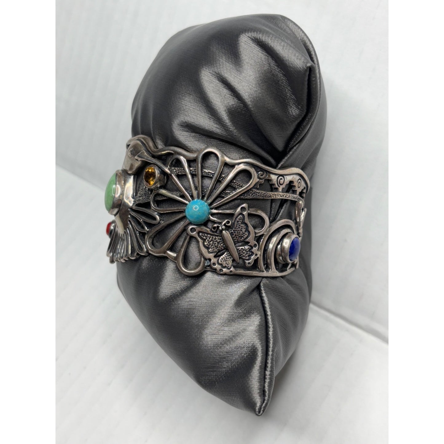 FRITZ CASUSE X CAROLYN POLLACK Vintage Very Rare Multi Stone Sterling Silver Hummingbird Wide Cuff Bracelet