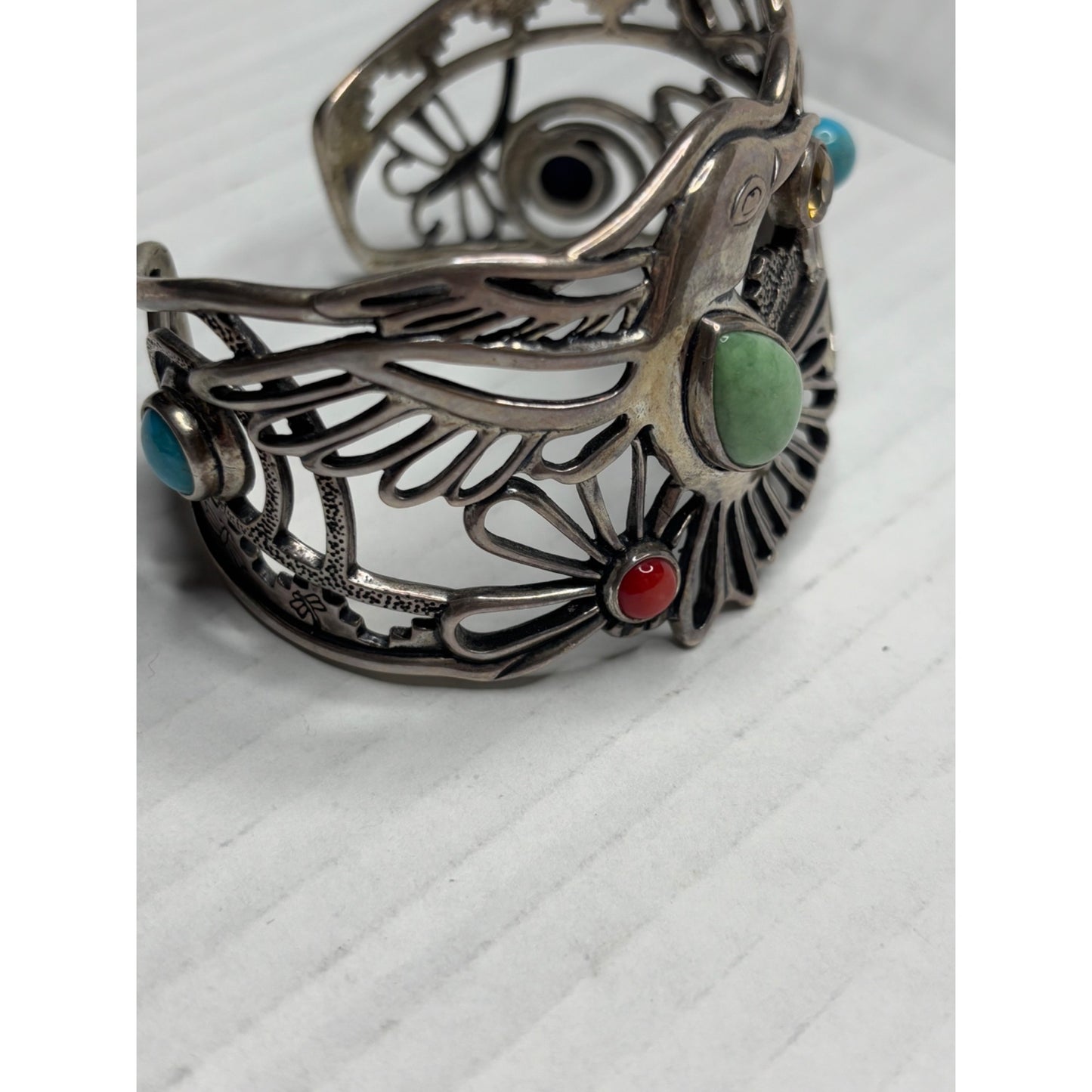 FRITZ CASUSE X CAROLYN POLLACK Vintage Very Rare Multi Stone Sterling Silver Hummingbird Wide Cuff Bracelet