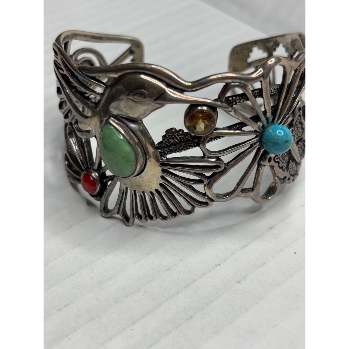 FRITZ CASUSE X CAROLYN POLLACK Vintage Very Rare Multi Stone Sterling Silver Hummingbird Wide Cuff Bracelet