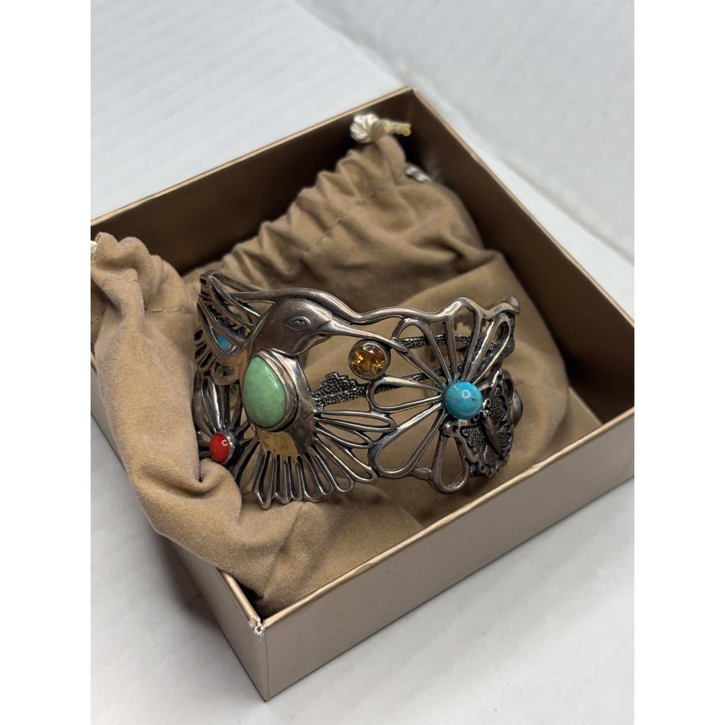 FRITZ CASUSE X CAROLYN POLLACK Vintage Very Rare Multi Stone Sterling Silver Hummingbird Wide Cuff Bracelet